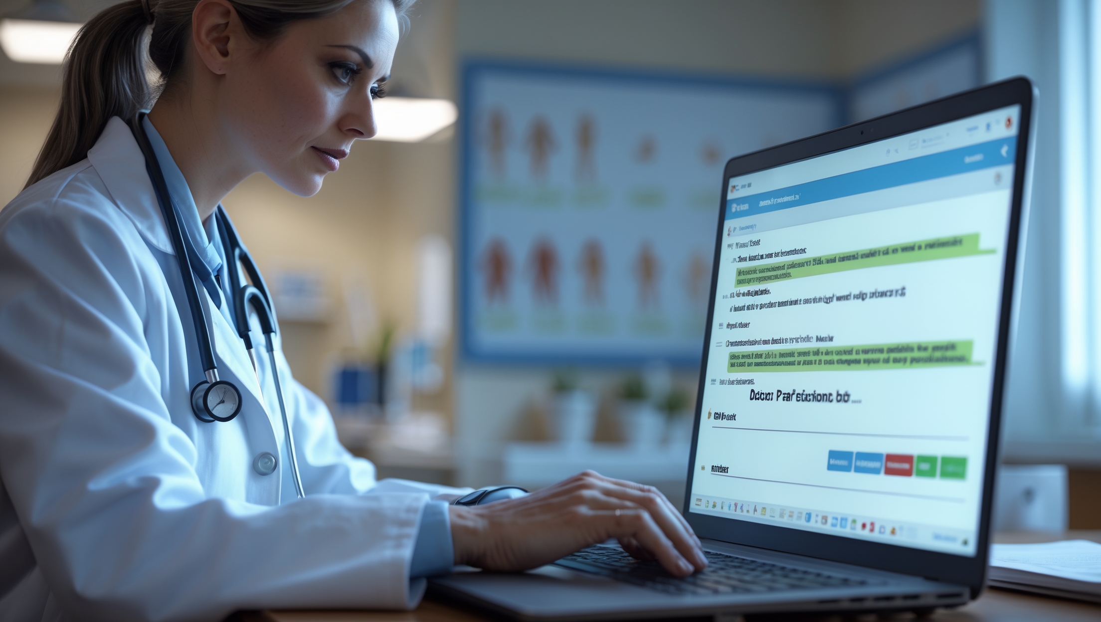 Doctor using an AI chatbot on a tablet, representing the privacy considerations when using personal AI accounts for work in healthcare settings